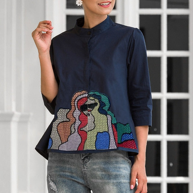 Abstract Embroidery  Casual Blouses